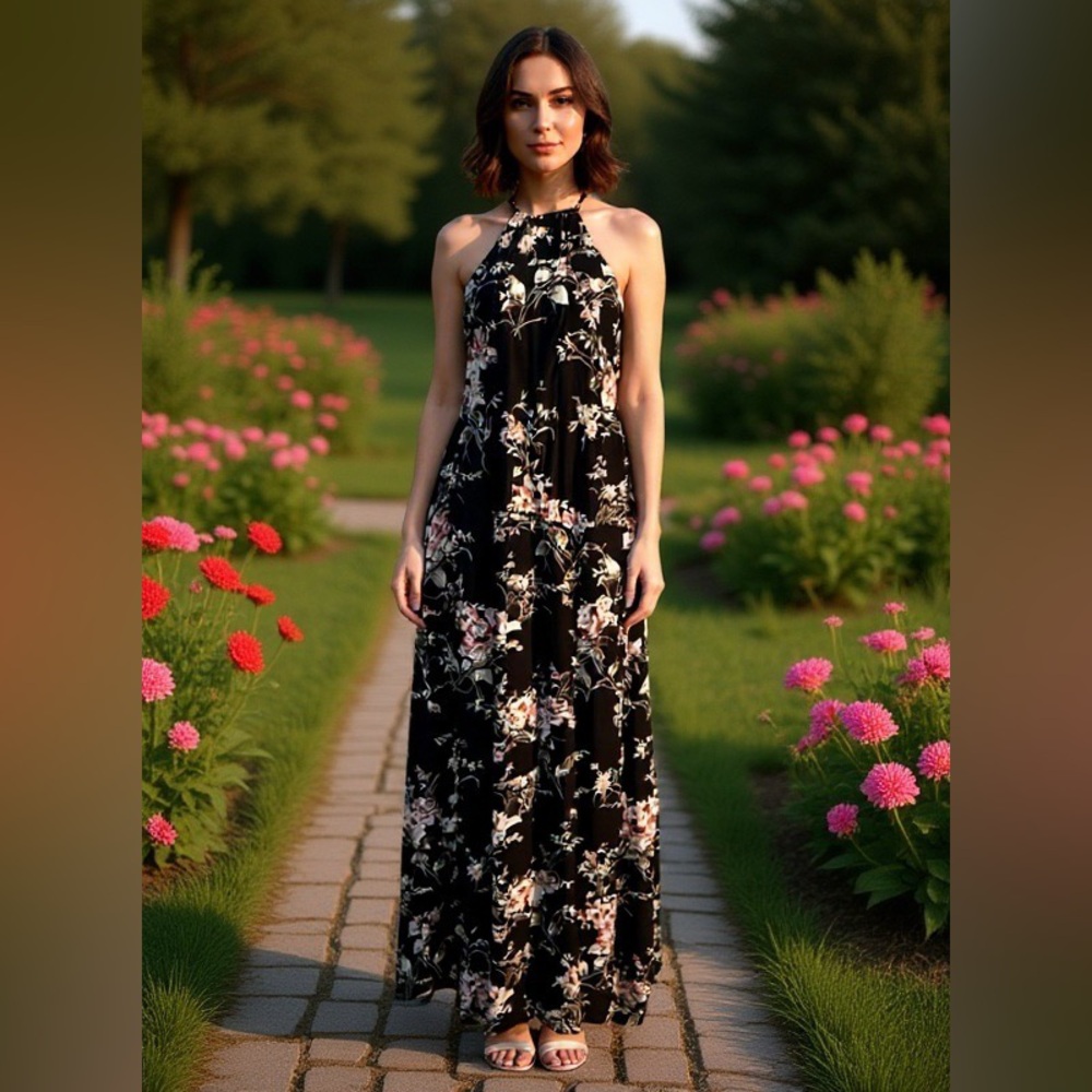Lulu's Black and Pink Floral Maxi Dress NWT